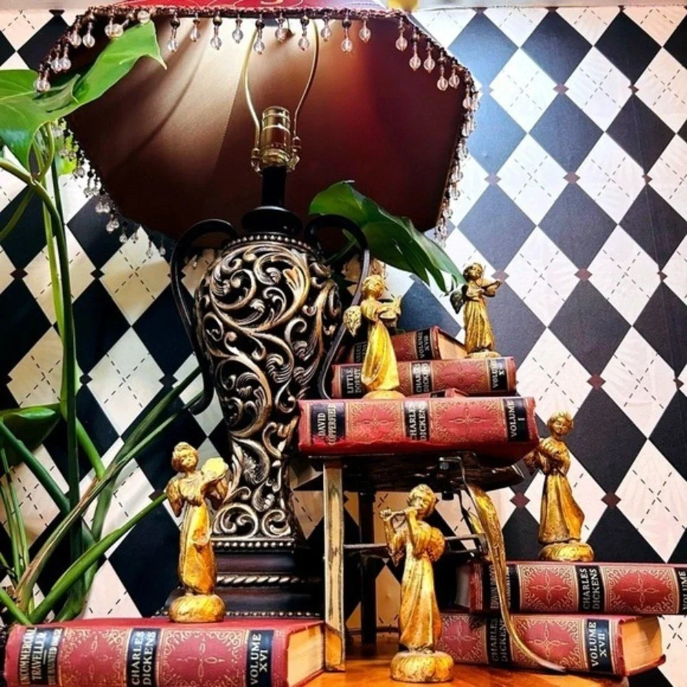 Moody Vintage Table Lamp‎ with Deep Burgundy Shade| Ornate Baroque Decor